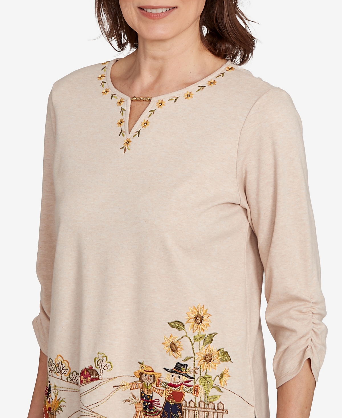 Alfred Dunner Plus Size Classic Scarecrow Bordered Keyhole Neck Top In Multi