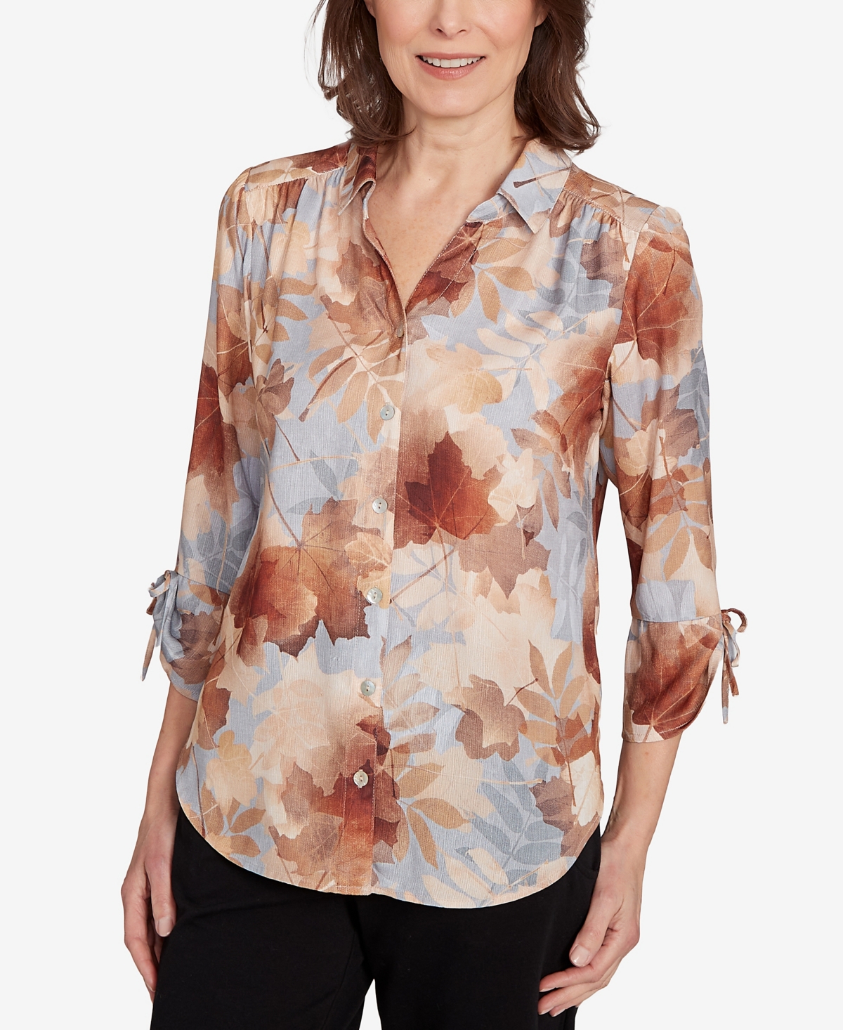 Alfred Dunner Women's Classic Textured Leaf Button Front Top