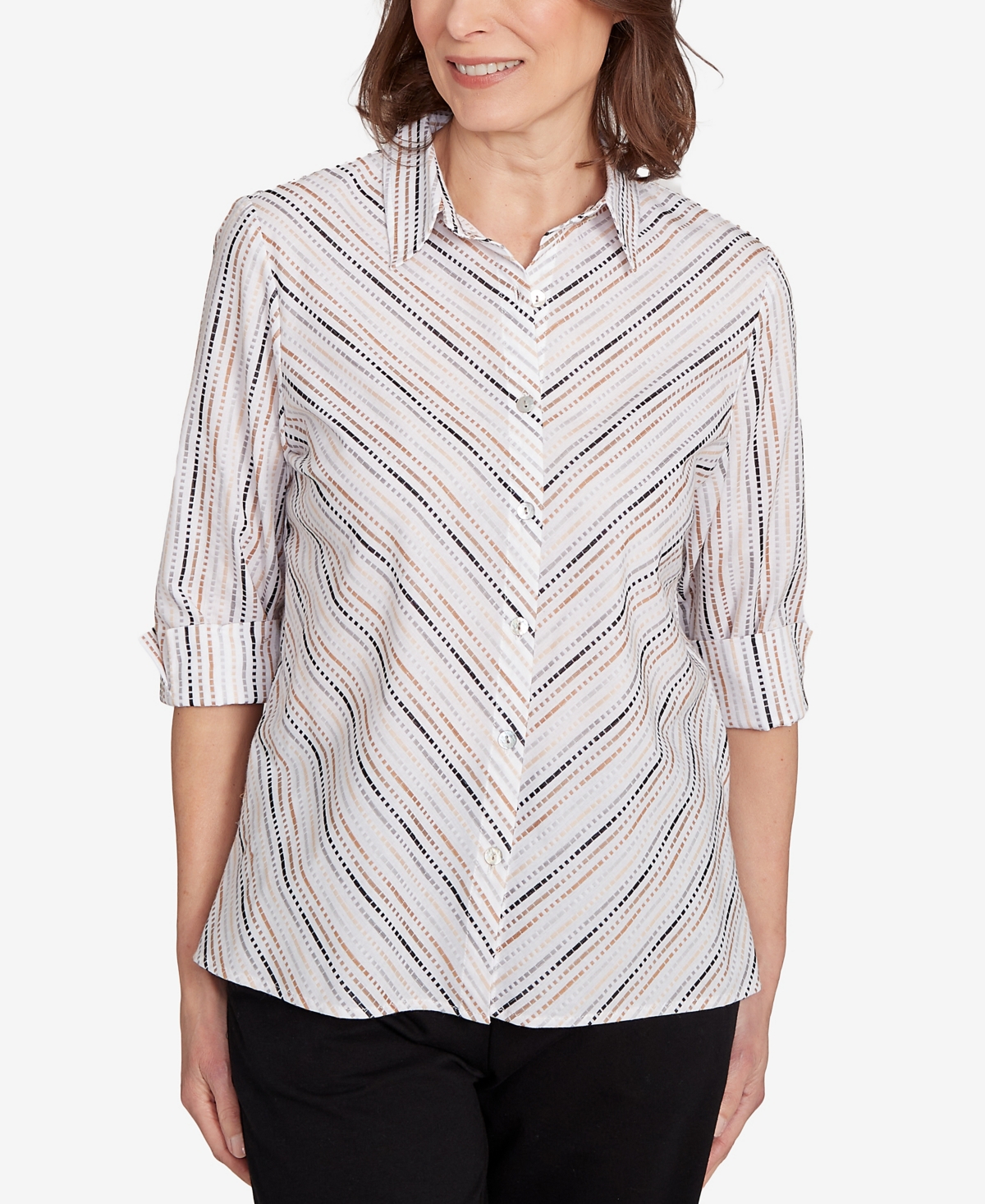 Alfred Dunner Women's Classic Mitered Textured Stripe Button Front Top