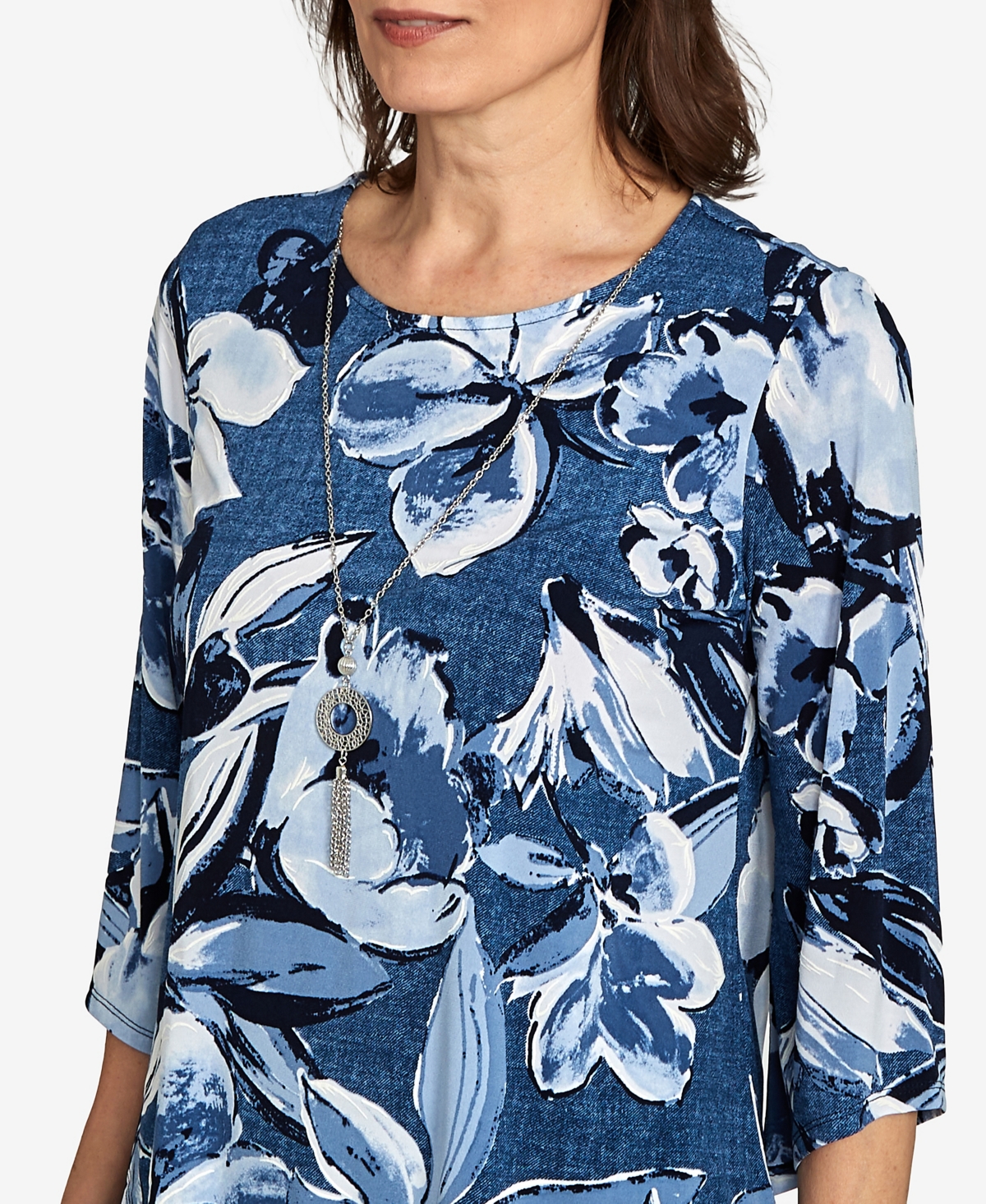 Alfred Dunner Women's Classic Puff Print Denim Floral Top In Blue