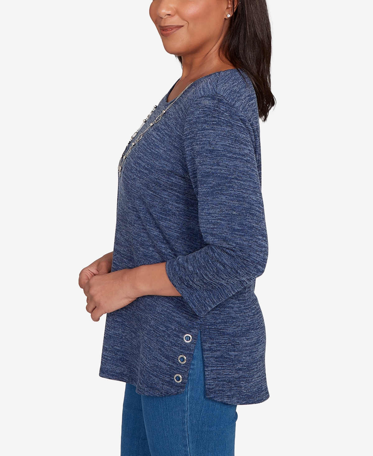 Alfred Dunner Petite Melange Side Button Top With Necklace In Blue