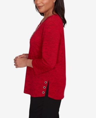 Women's Classic Melange Side Button Crew Neck Top with Necklace