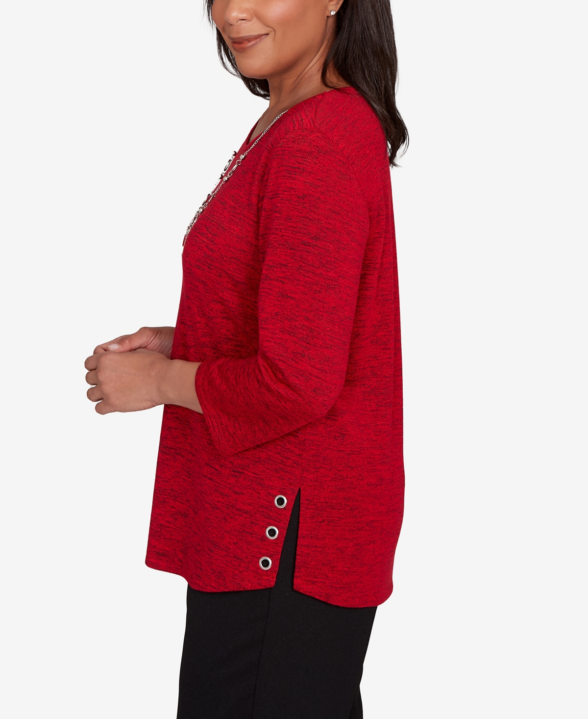 Alfred Dunner Women's Classic Melange Side Button Crew Neck Top With Necklace In Red