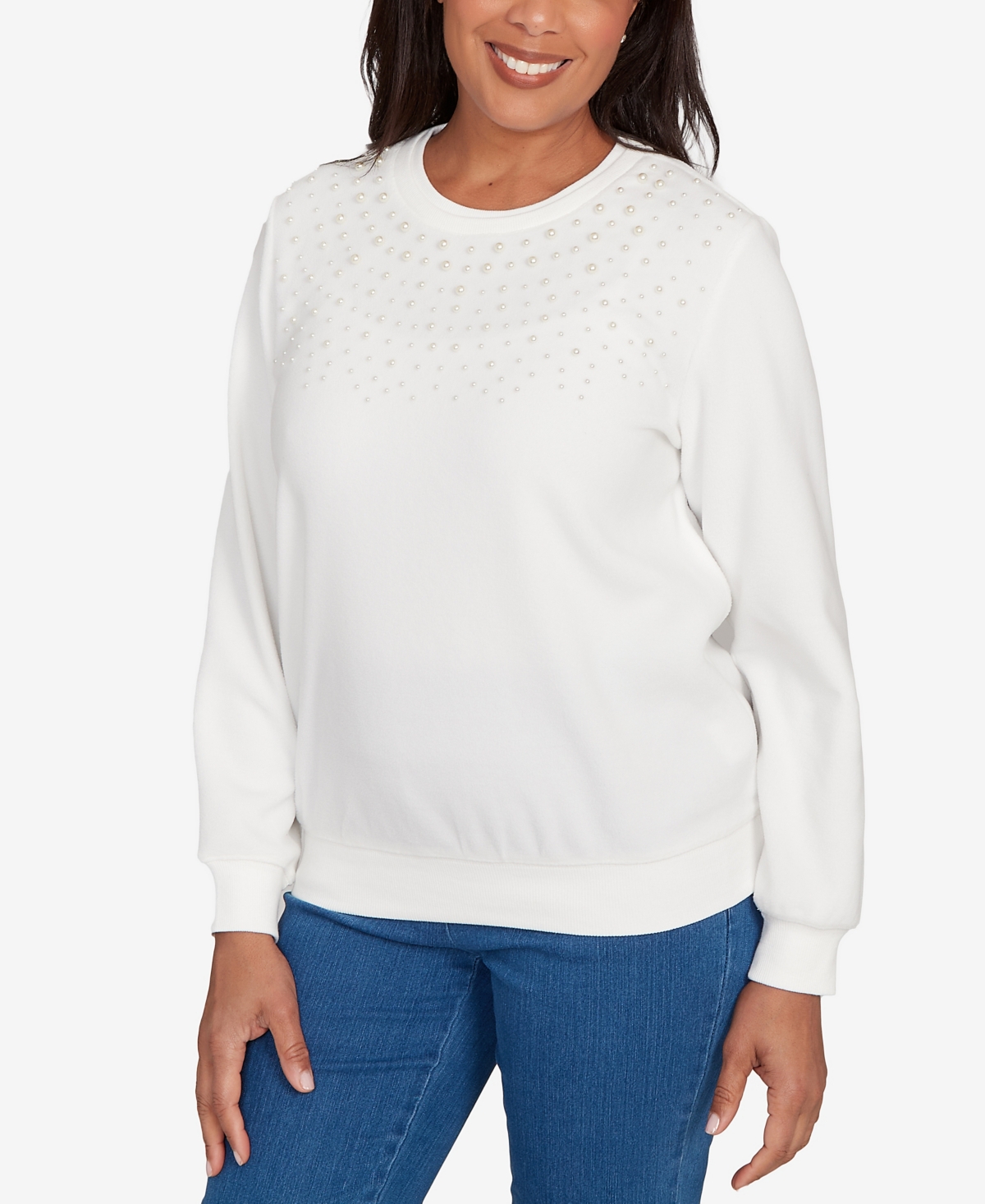 Alfred Dunner Plus Size Classic Embellished Neckline Anti-pill Sweater In White