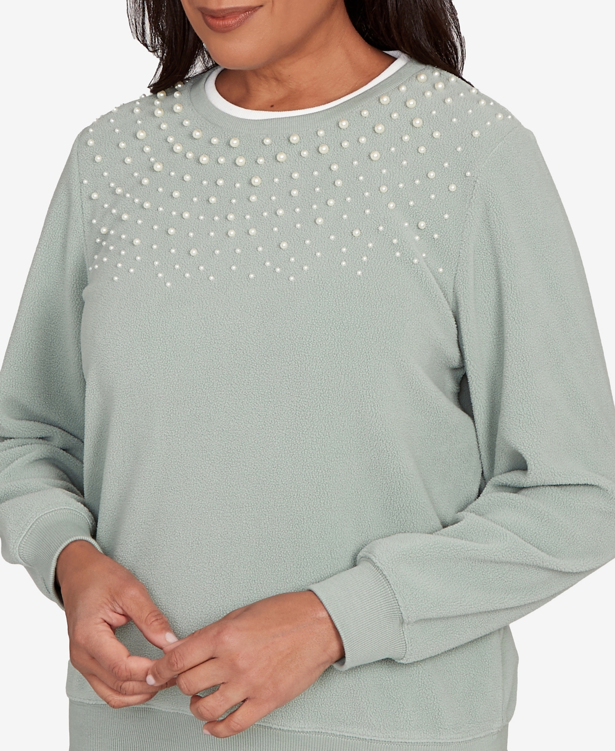 Alfred Dunner Plus Size Classic Embellished Neckline Anti-pill Sweater In Green