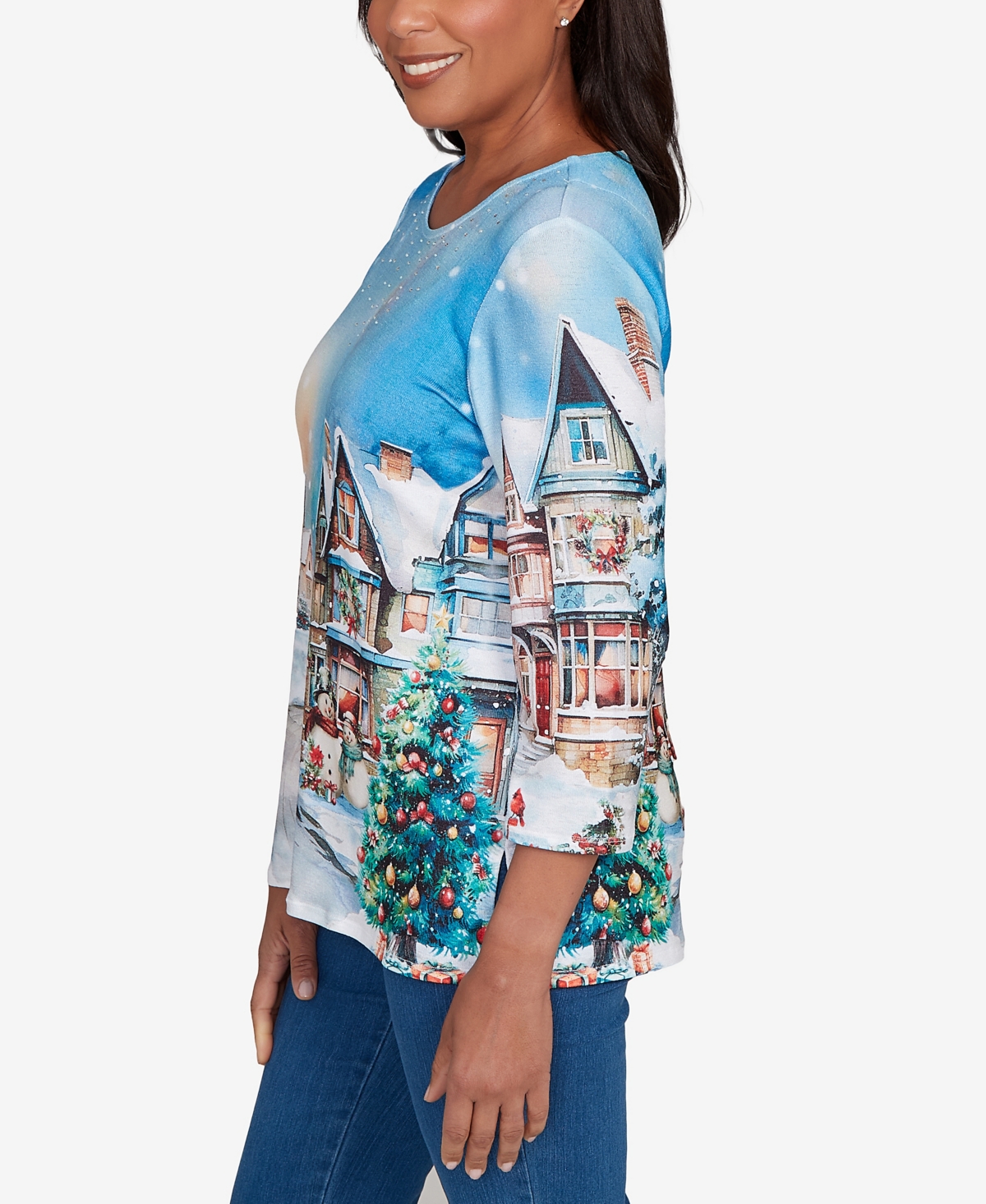 Alfred Dunner Petite Snow Cabin Scene Top In Multi