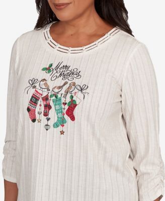 Women's Classic Holiday Stockings Print Gathered Sleeve Top