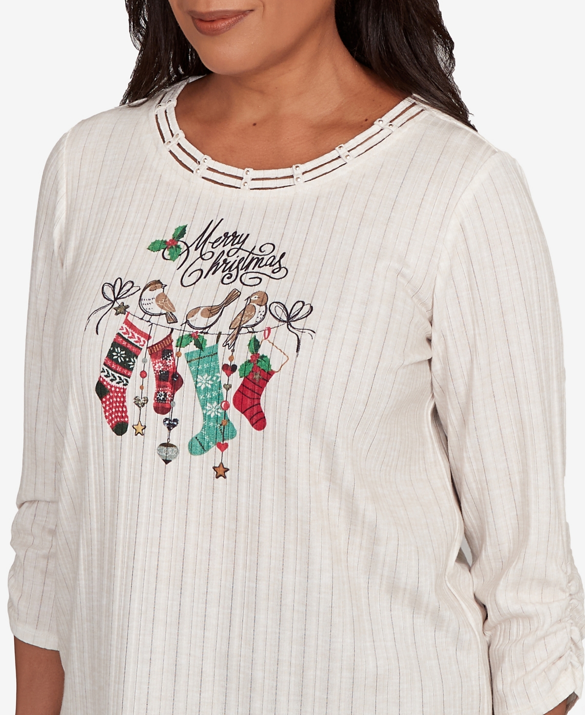 Alfred Dunner Plus Size Classic Holiday Stockings Gathered Sleeve Top In White