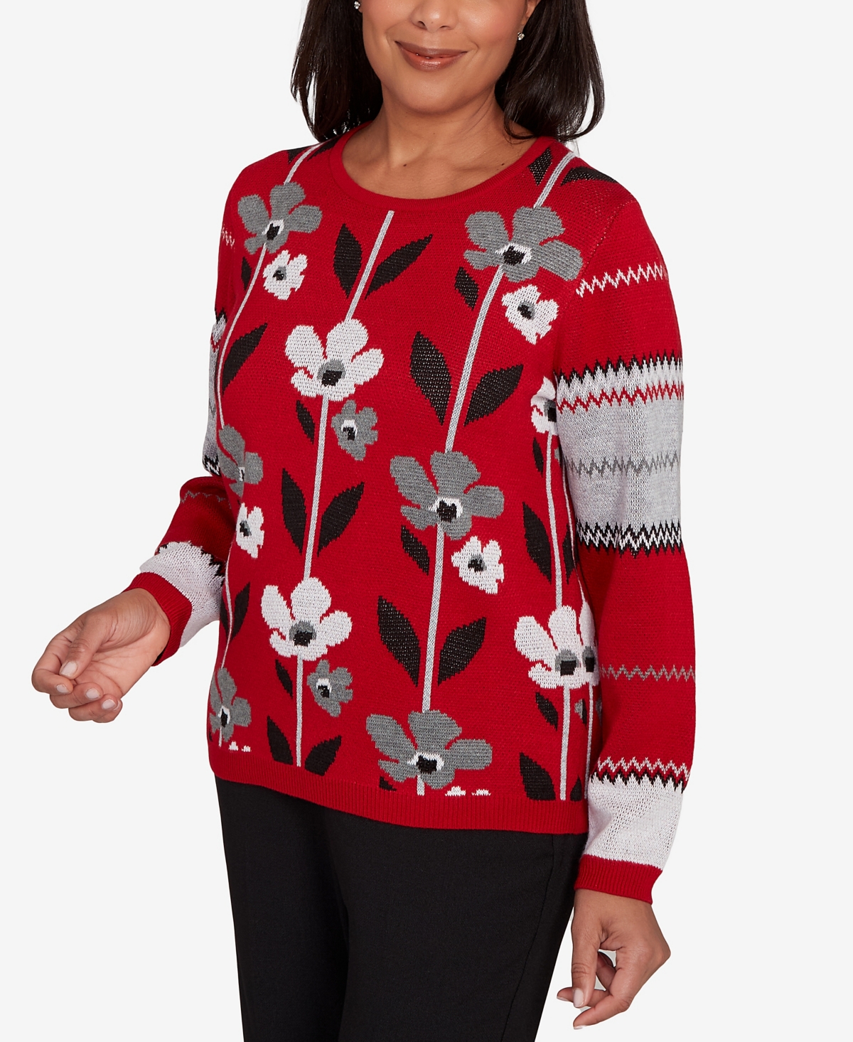 Alfred Dunner Women's Classic Vertical Flower Zig Zag Long Sleeves Sweater In Red
