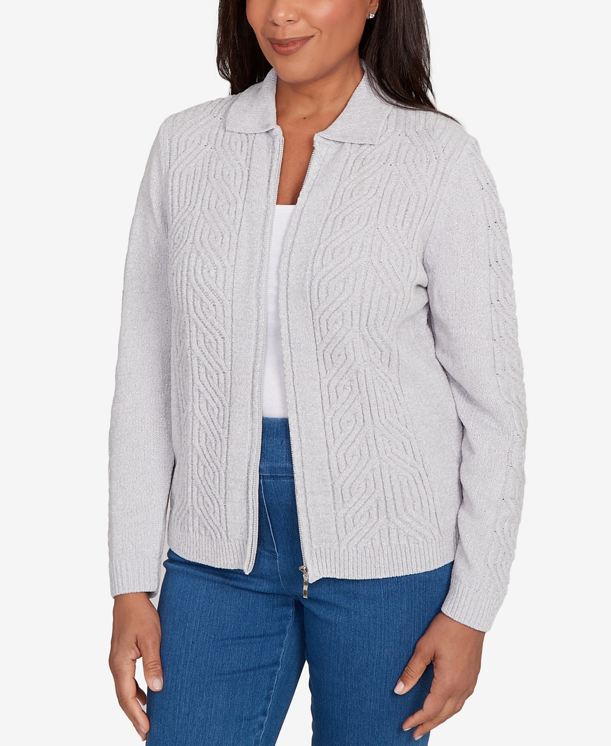 Alfred Dunner Plus Size Classic Zip-front Chenille Collared Cardigan Sweater In Gray