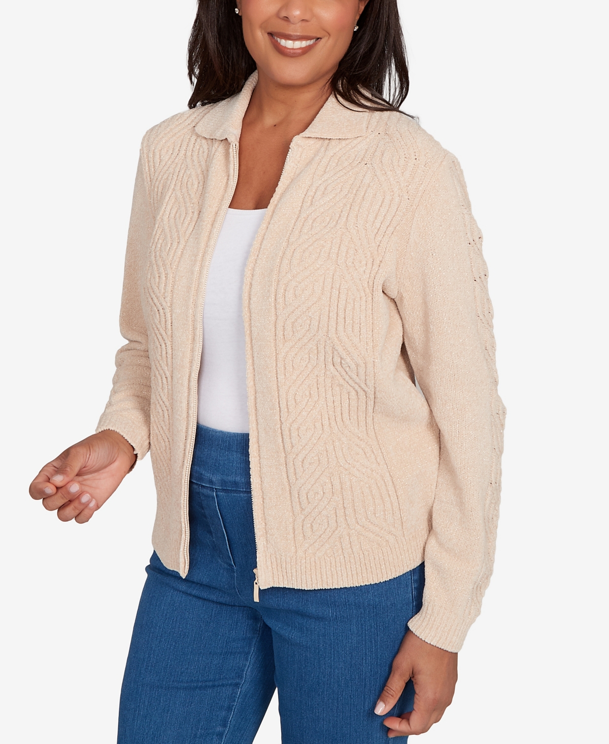 Alfred Dunner Plus Size Classic Zip-front Chenille Collared Cardigan Sweater In Brown