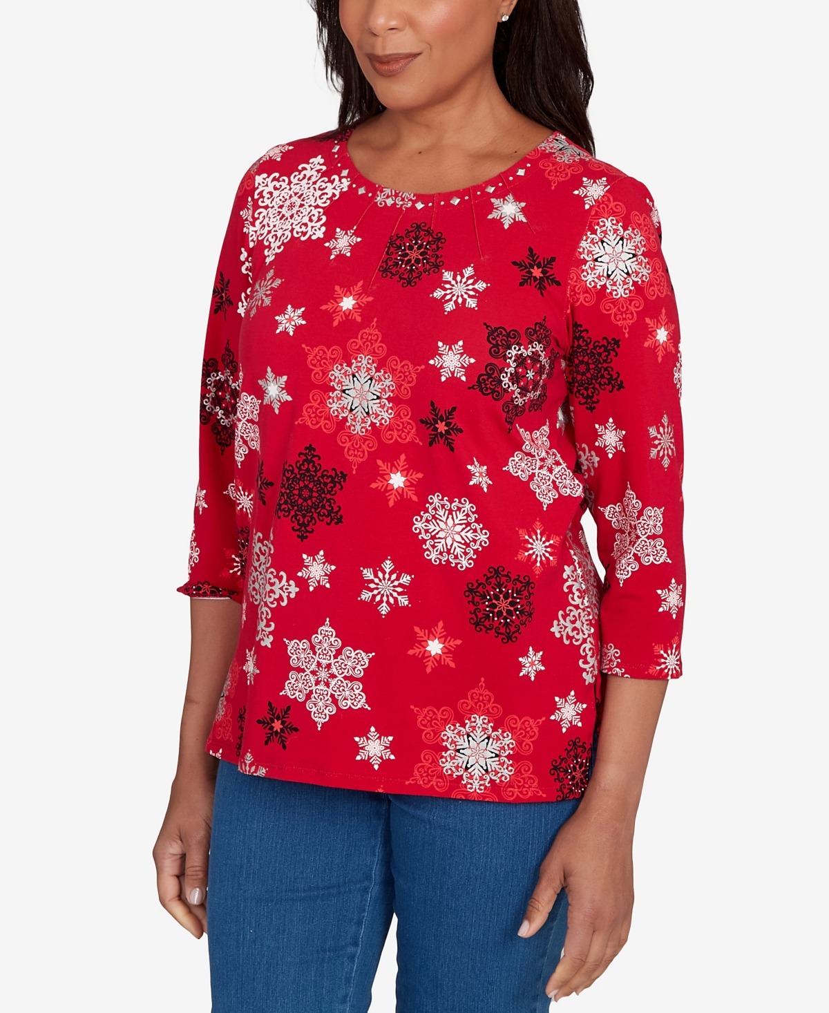 Alfred Dunner Women's Classic Embellished Snowflake Pleated Neck Top In Red