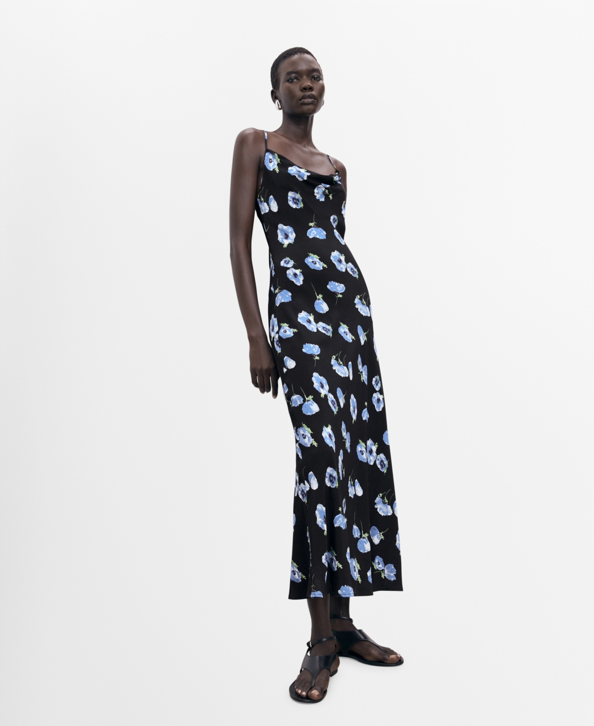 Mango Kendal Print Cowl Neck Crepe Slipdress In Blue