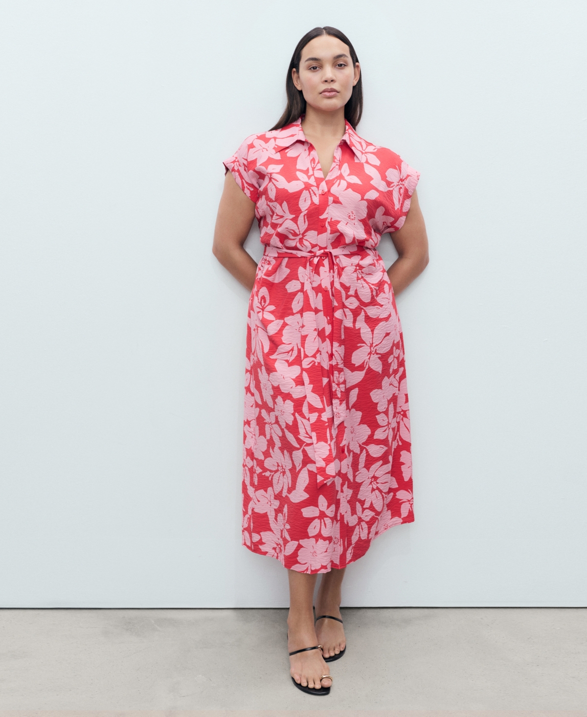Mango Floral Print Shirt Style Dress Fuchsia In Pink
