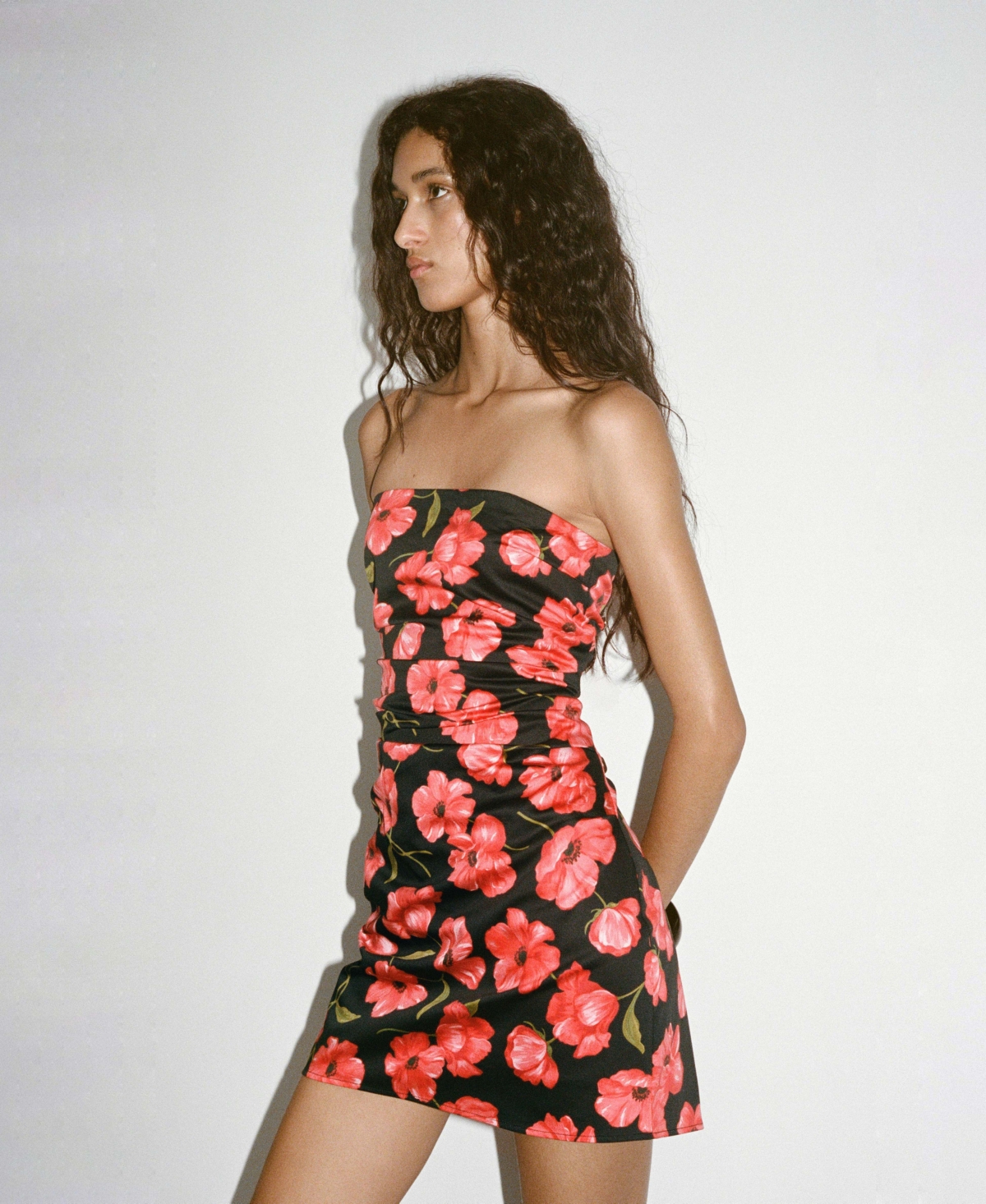 Mango Bandeau Ruched Sides Mini Dress In Red