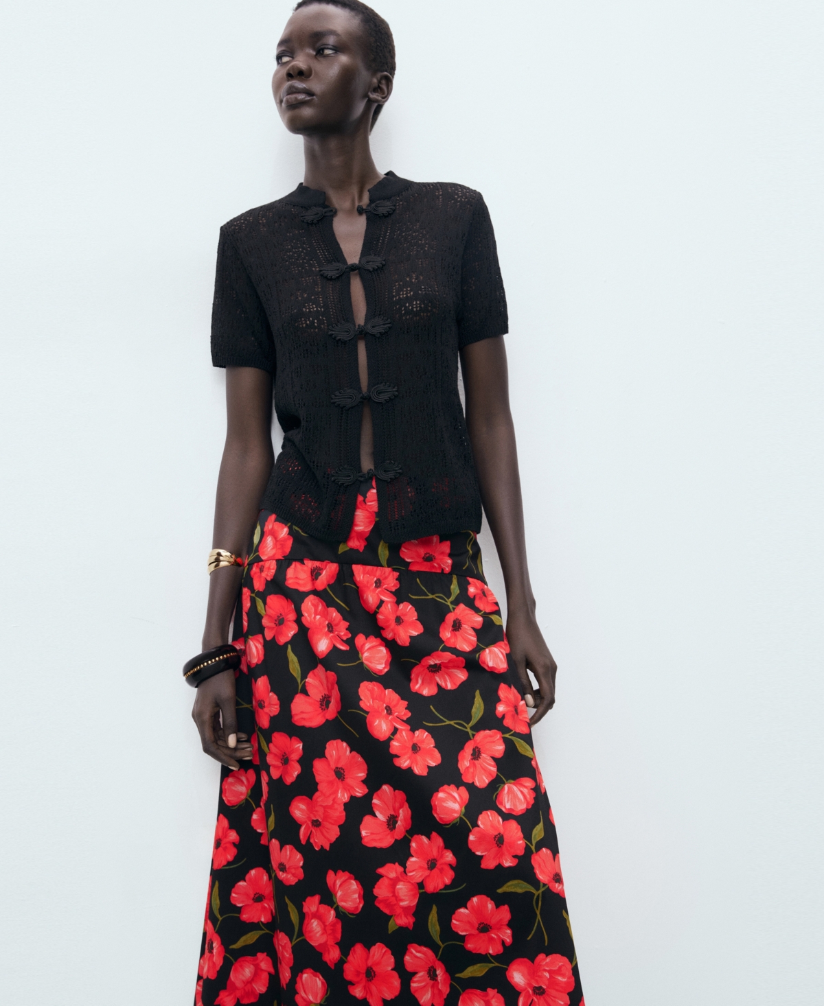Mango Ama Floral Midi Skirt In Black