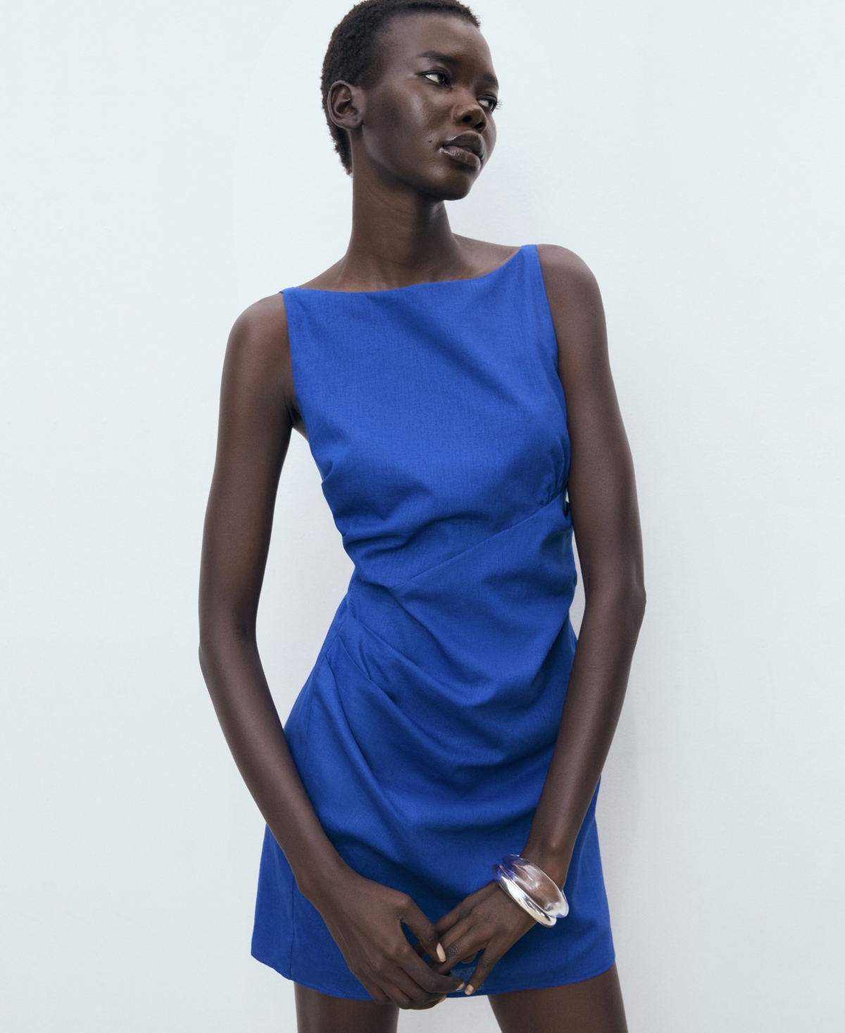 Mango Short Draped Linen Dress Vibrant Blue In Blue