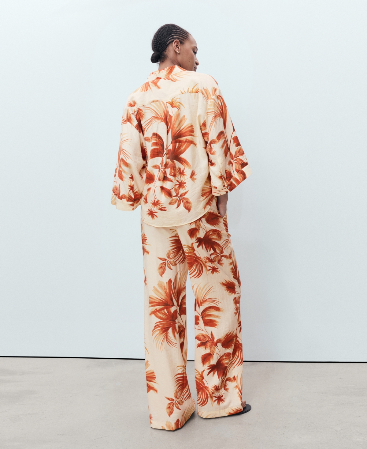 Mango Women's Flowy Palm Print Pants In White
