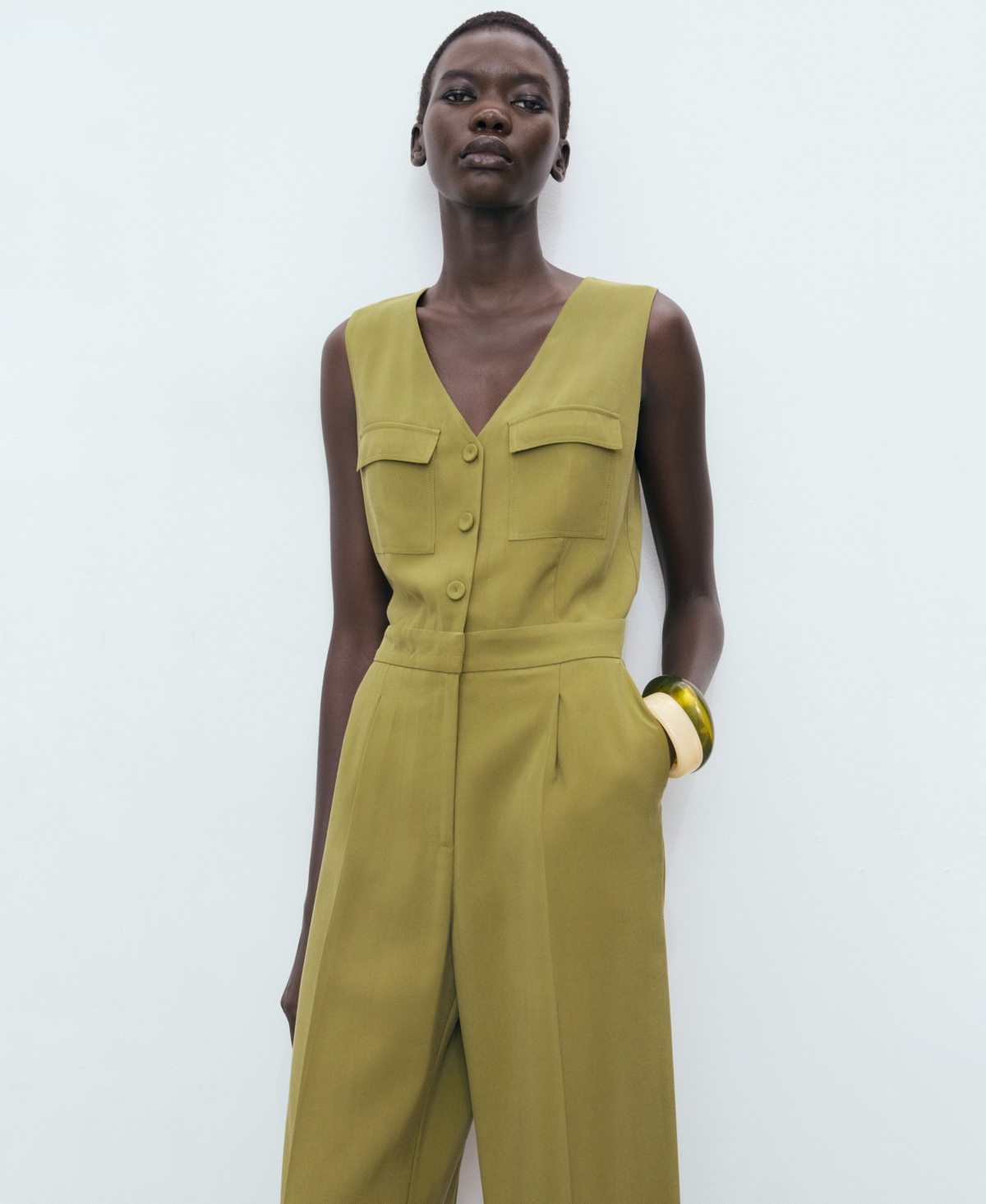 Mango Sleeveless Button Up Jumpsuit In Green