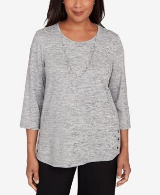 Women's Classic Melange Side Button Crew Neck Top with Necklace