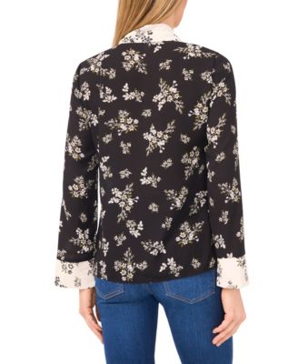 Women's Floral Bow-Tie V-Neck Button-Up Long Cuff-Sleeve Blouse