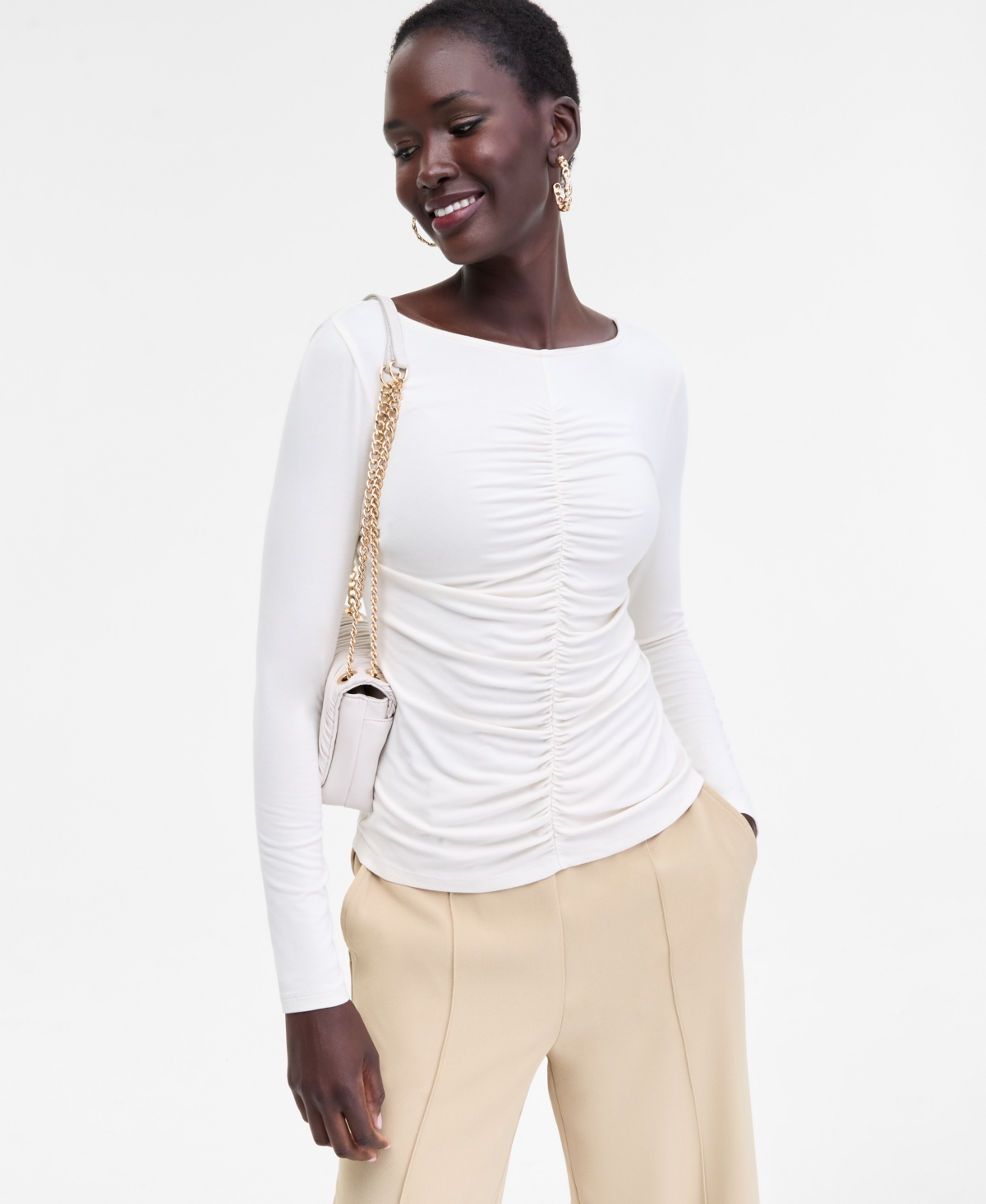 Inc International Concepts Women's Shirred-front Long-sleeve Top, Macy's Exclusive In Brown