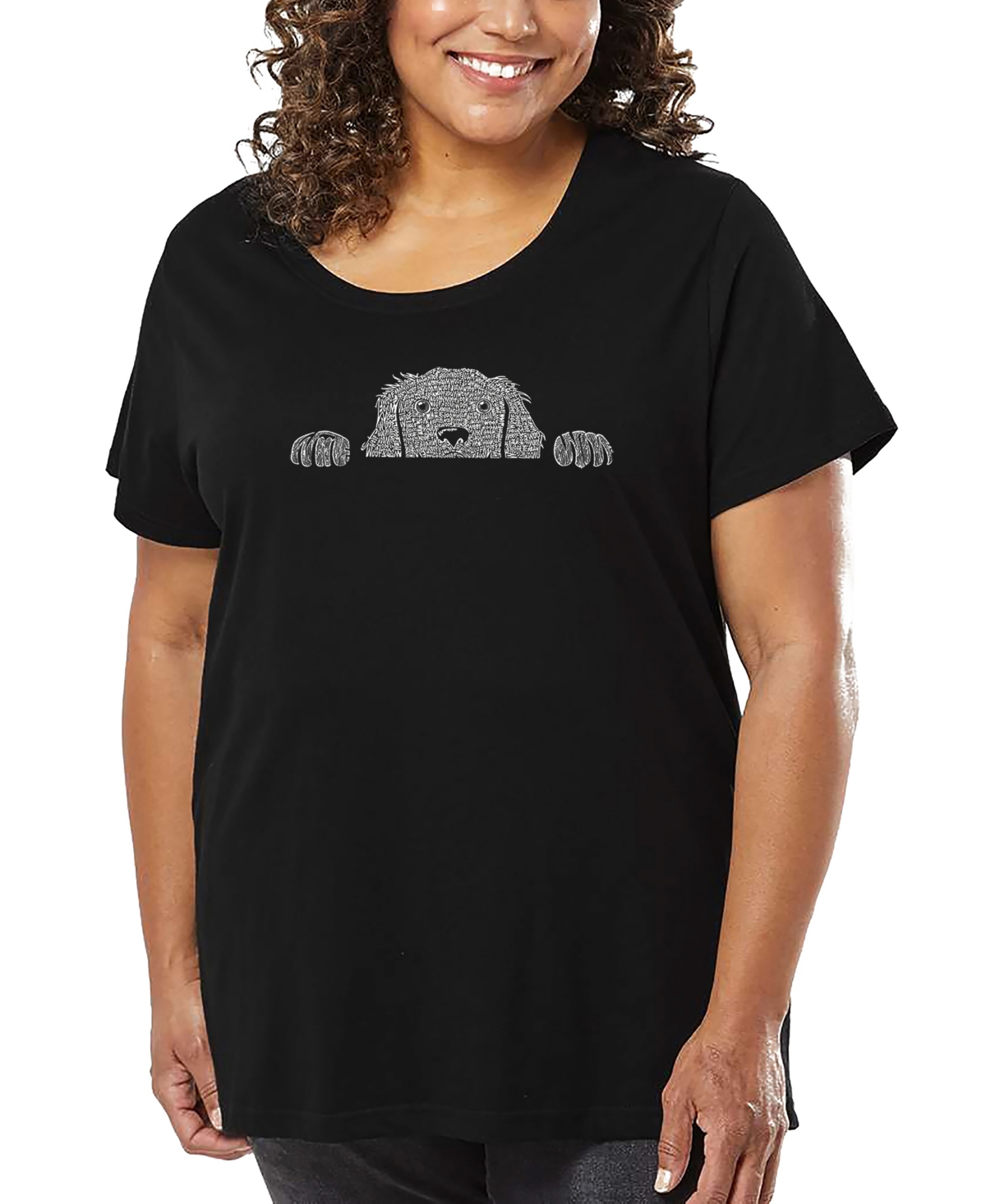 La Pop Art Plus Size Peeking Dog Word Art T-shirt In Black