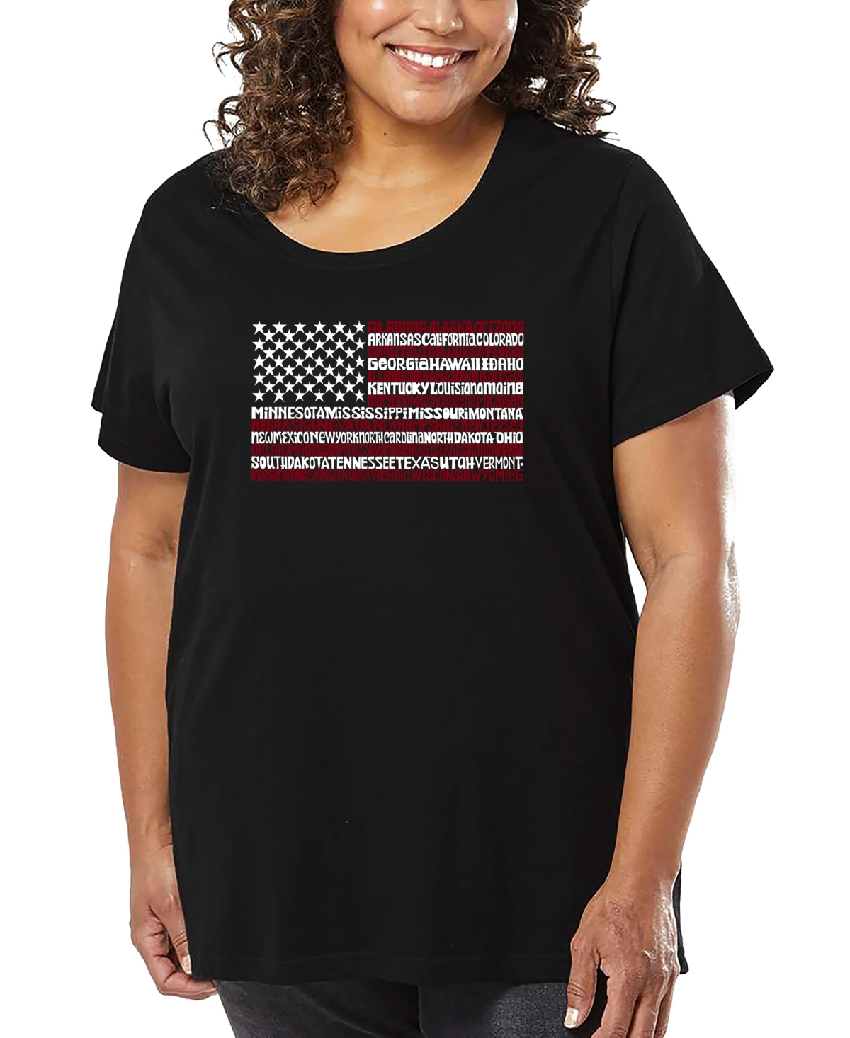 La Pop Art Plus Size 50 States Usa Flag Word Art T-shirt In Black