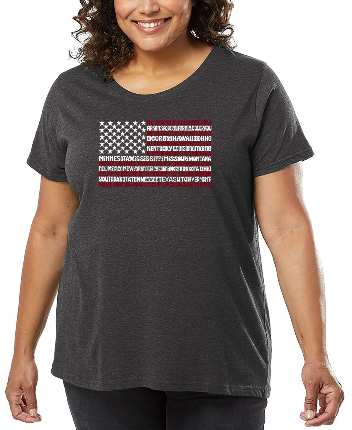 La Pop Art Plus Size 50 States Usa Flag Word Art T-shirt In Gray