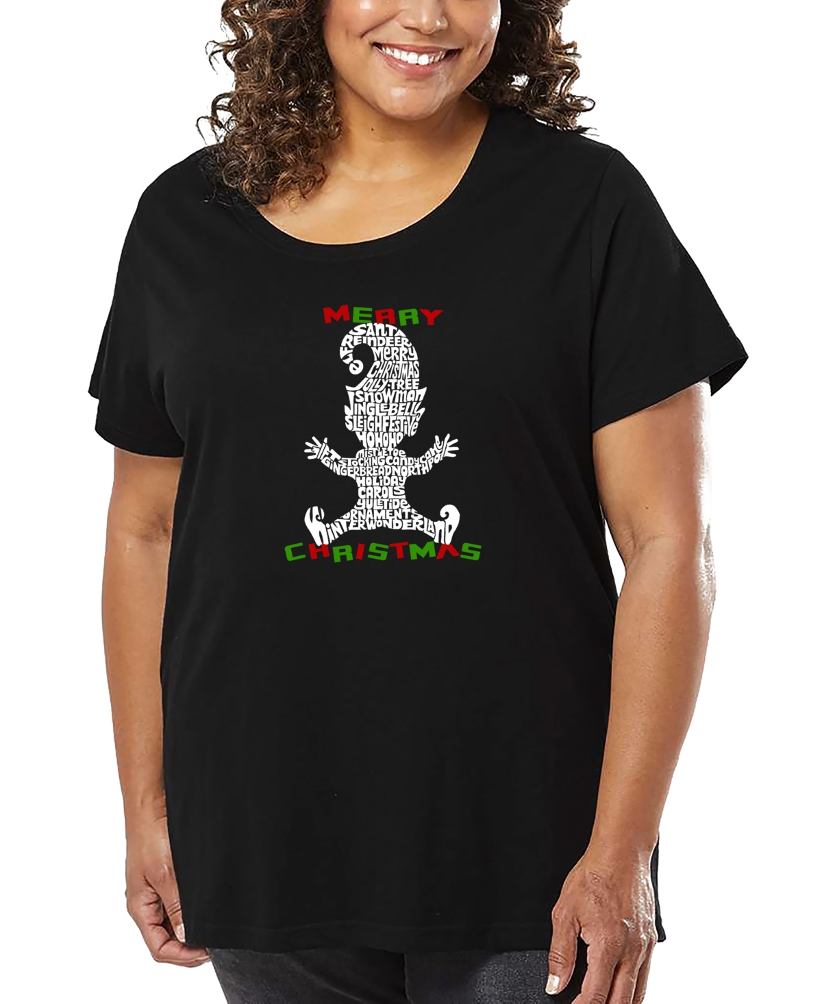 La Pop Art Plus Size Christmas Elf Word Art T-shirt In Black