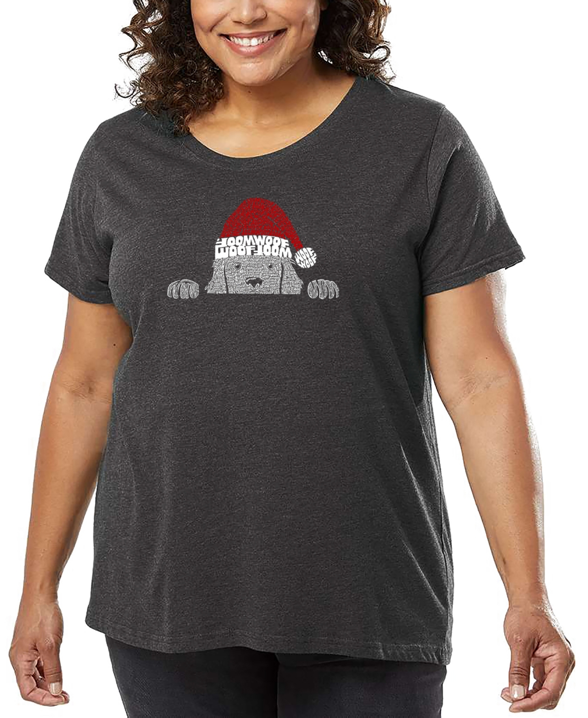 La Pop Art Plus Size Christmas Peeking Dog Word Art T-shirt In Gray
