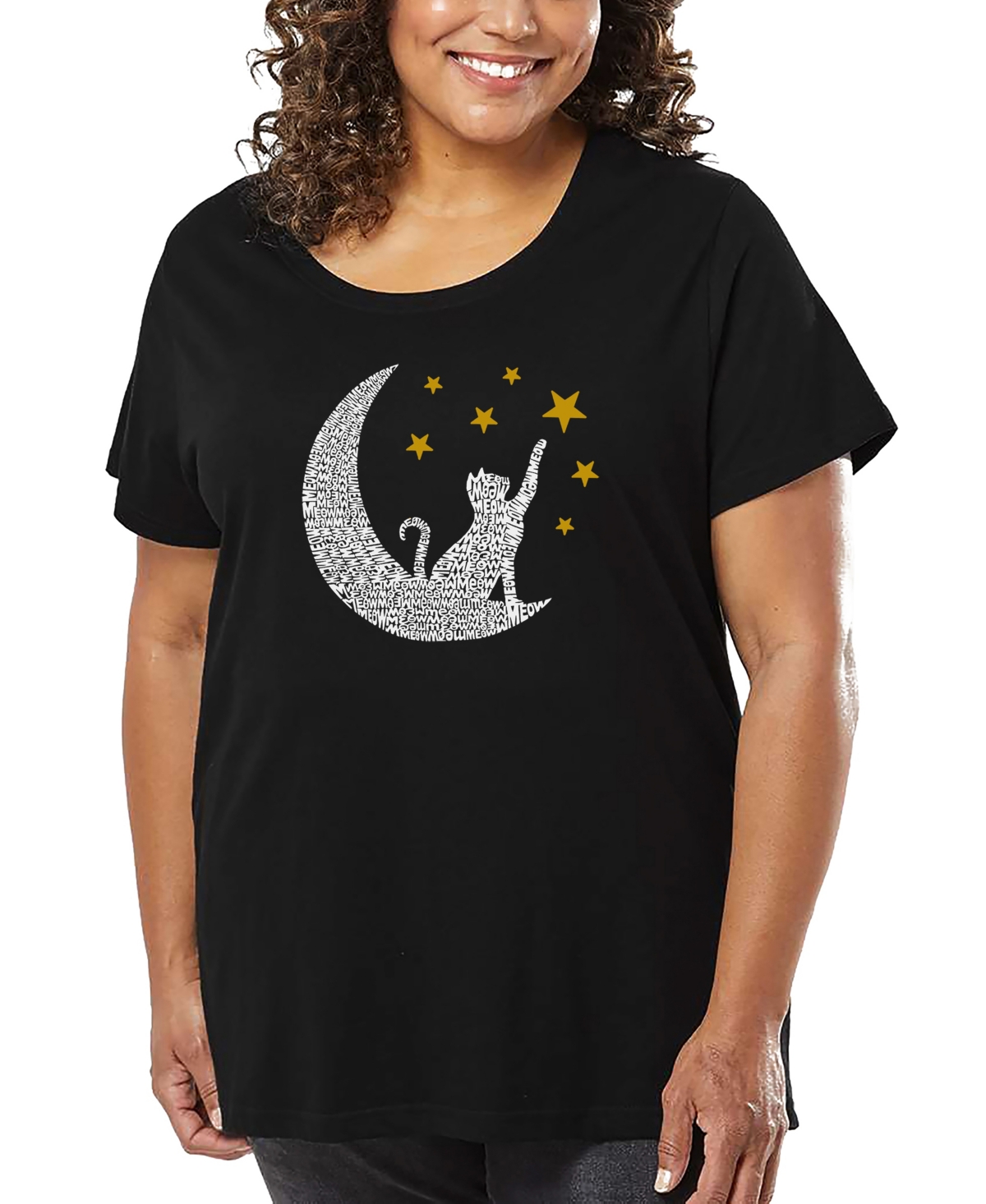 La Pop Art Plus Size Cat Moon Art T-shirt In Black
