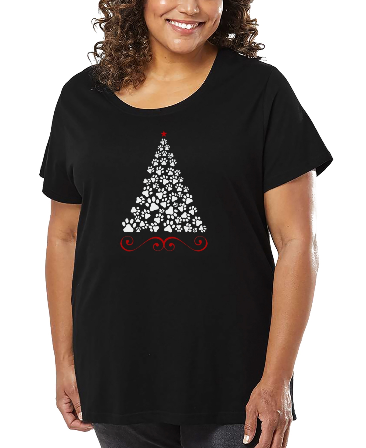 La Pop Art Plus Size Paw Christmas Tree Art T-shirt In Black