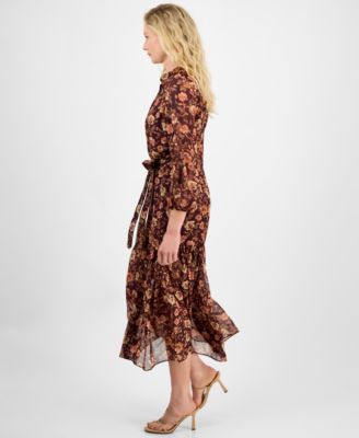 Women's Floral Chiffon Tie-Waist 3/4-Sleeve Dress