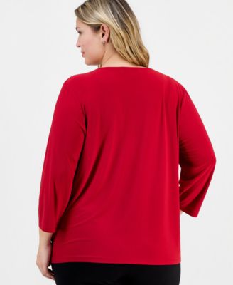 Plus Size 3/4-Sleeve Pintucked Keyhole Top