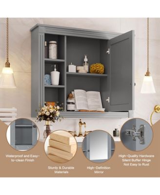 35" x 28" Mirror Cabinet with 6 Open Shelves, Wall Mounted Bathroom Medicine Cabinet (No Vanity)