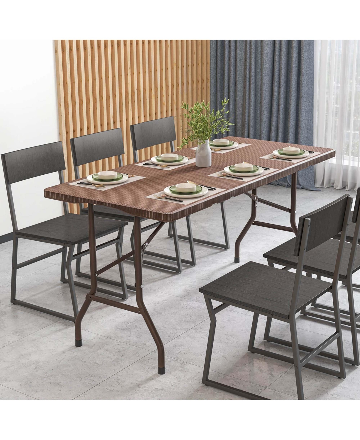 5 ft Folding Picnic Table Outdoor Dining Table with Rattan Grain Hdpe Tabletop