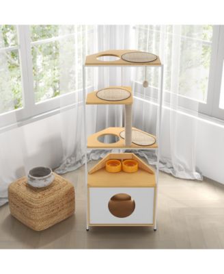 Corner Cat Tower Cat Tree with Scratching Post Cat House with Feeding Station and Climbing Platforms