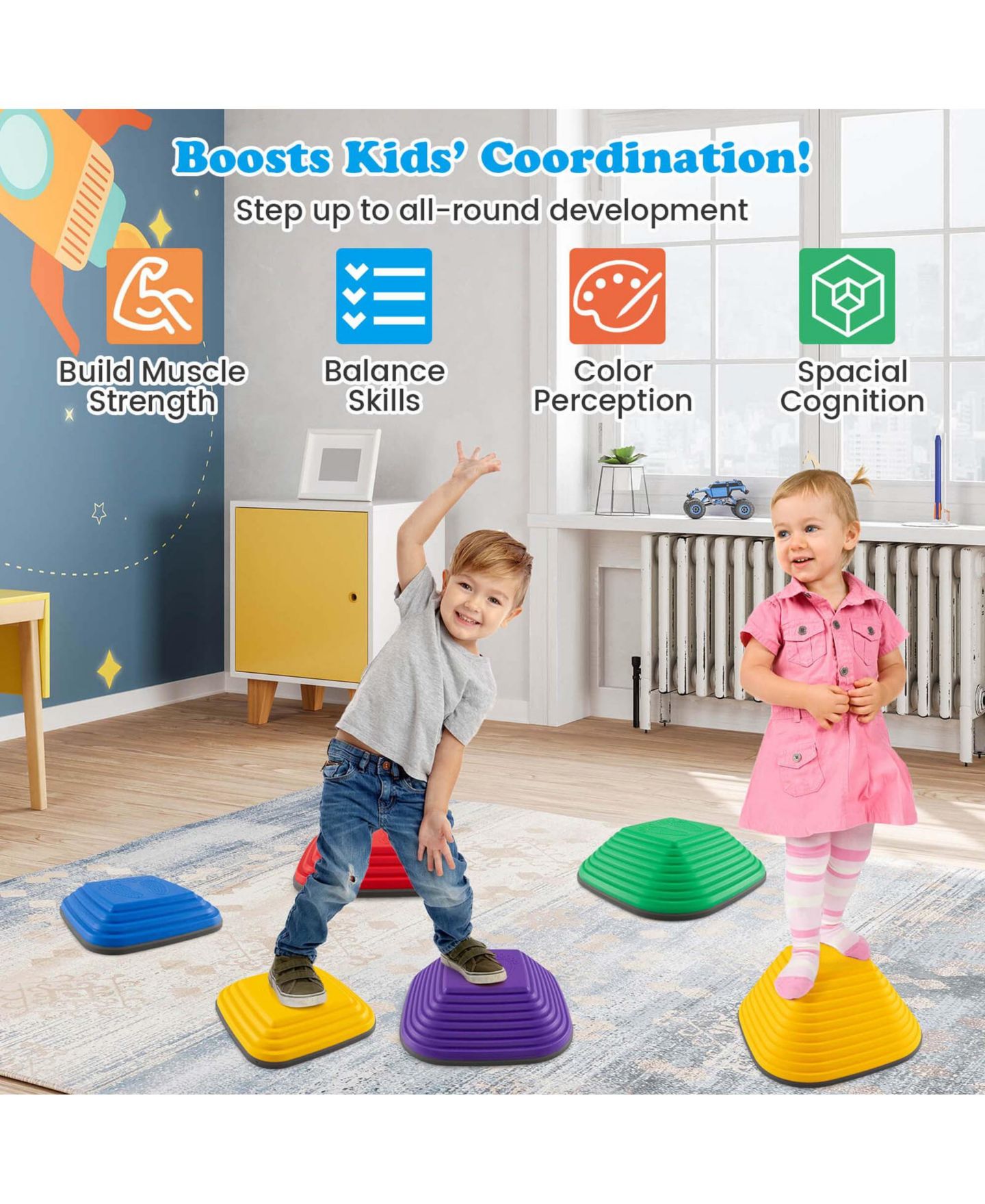 Детские игрушки Costway Non-Slip Balance Blocks Stepping Stones, 177 lbs Capacity, 6-Piece Set, от 3 лет, цвет: Жёлтый — фото 2