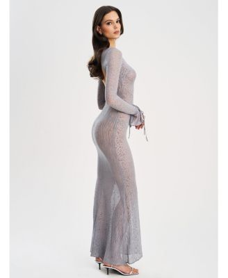 Women Waylynn Gray Animal Print Burnout Velvet Detail Mesh Backless Maxi Dress