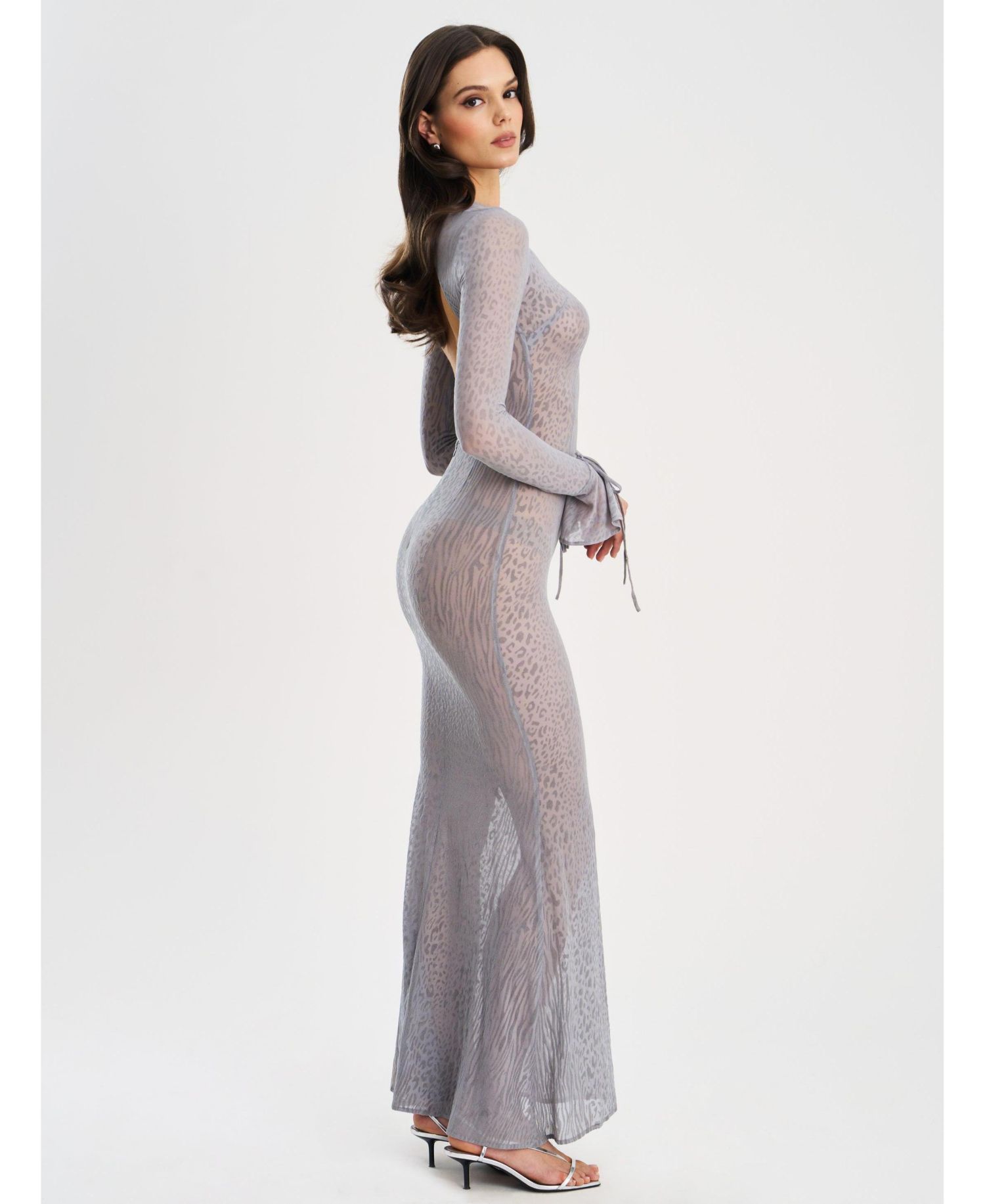 Women Waylynn Gray Animal Print Burnout Velvet Detail Mesh Backless Maxi Dress