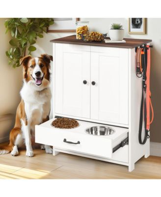 Dog Feeding Station with Storage Adjustable Bowls White