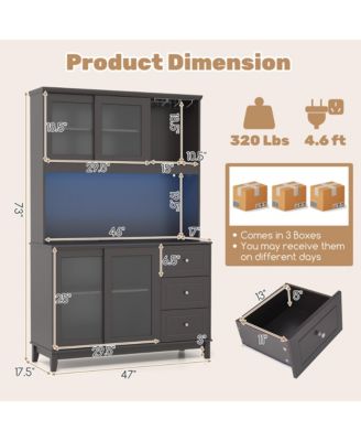 Kitchen Pantry Storage Cabinet Kitchen Hutch w/ LED lights & Power Outlet Dark