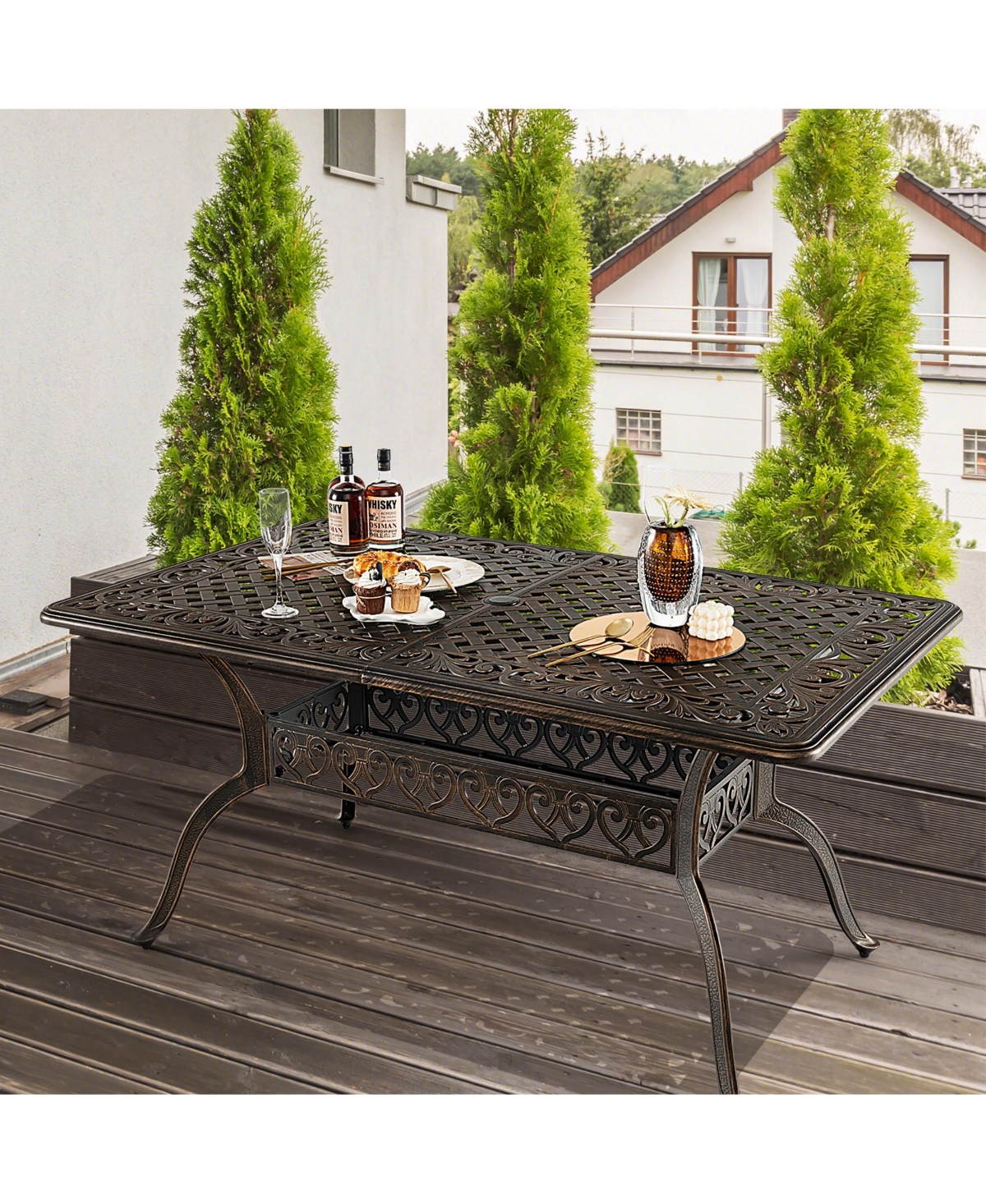 Gymax 59'' Patio Rectangle Dining Table Outdoor Cast Aluminum Table with Umbrella Hole
