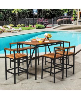 7pieces Outdoor Acacia Wood Dining Set PE Rattan Patio Bar Set with Umbrella Hole