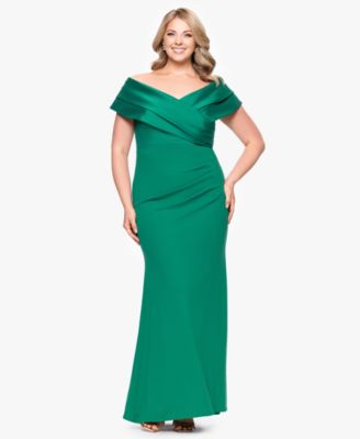 Betsy & Adam - Plus Size Mixed-Material Off-The-Shoulder Gown