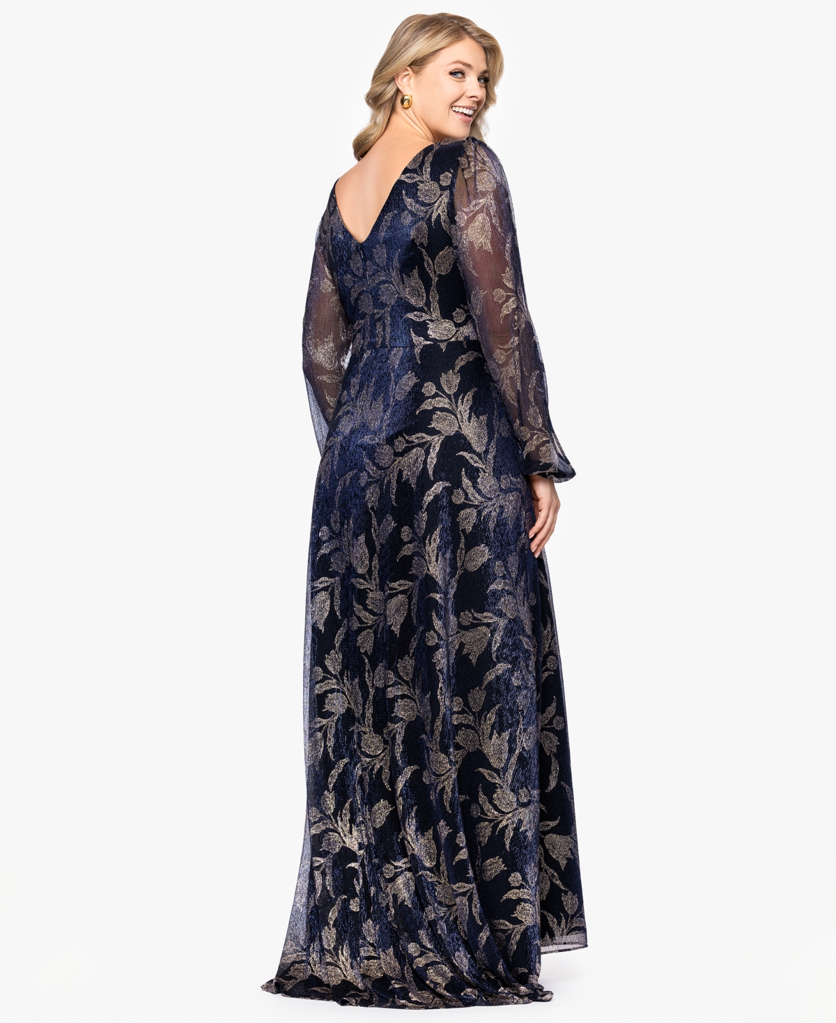 Betsy & Adam Plus Size Foil Crink Long Sleeve A-line Dress In Multi
