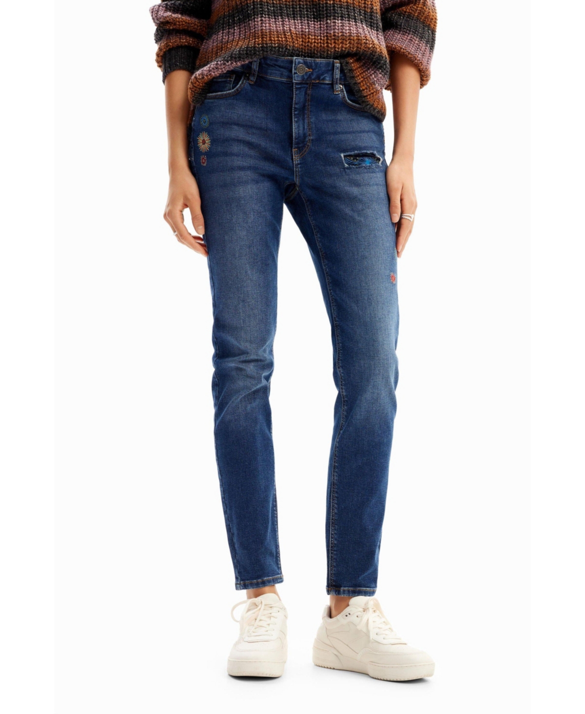 Desigual Women's Slim Embroidered Jeans In Blue
