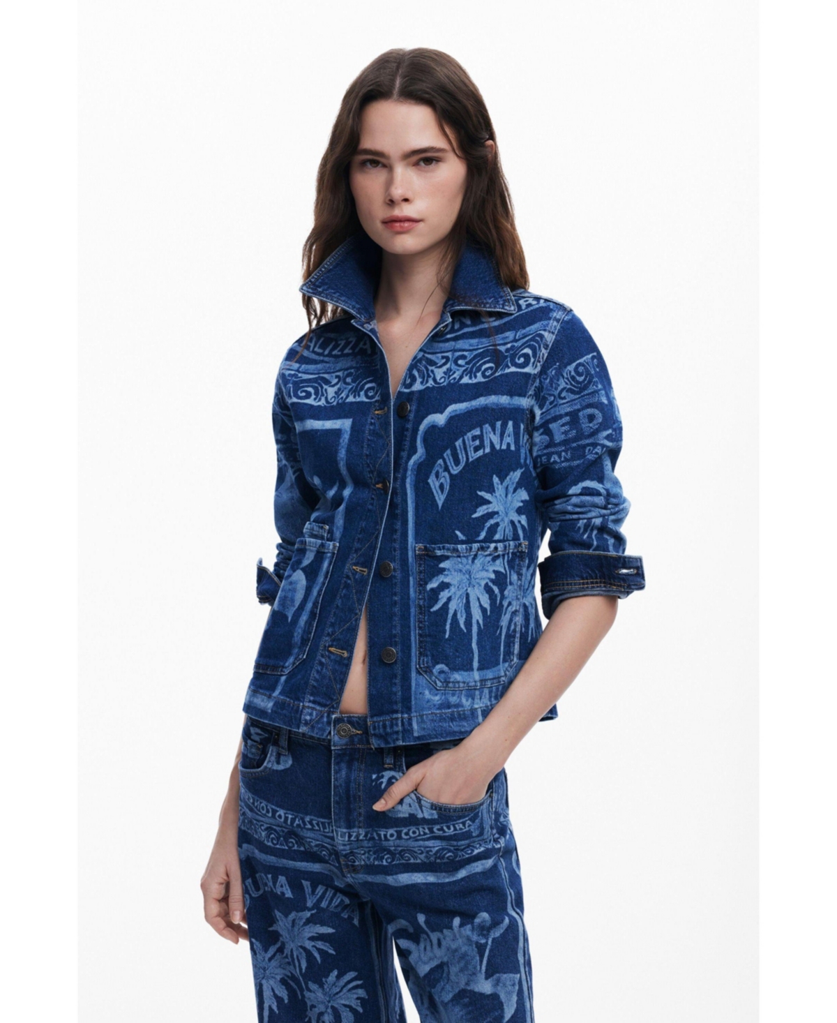 Desigual Palm Tree Denim Jacket In Blue