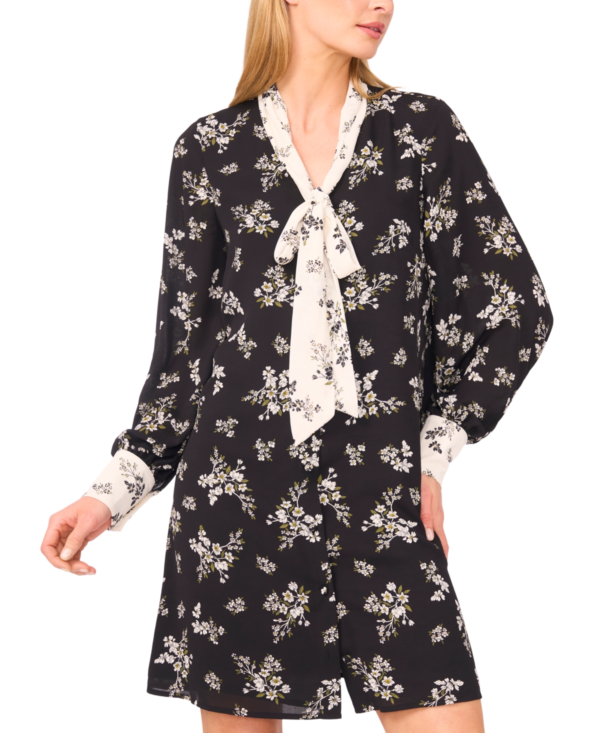 Cece Tie Neck Long Sleeve Shirtdress In Black